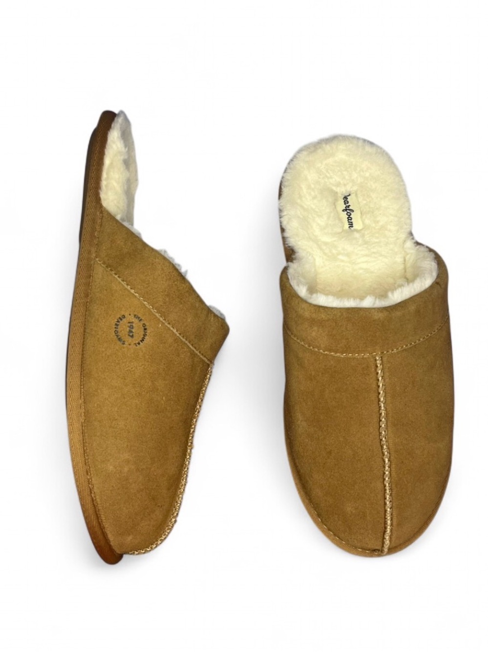 Men’s Dearfoams Oval Shaped Closed Toe Fur Chestnut Suede Slippers Size 11